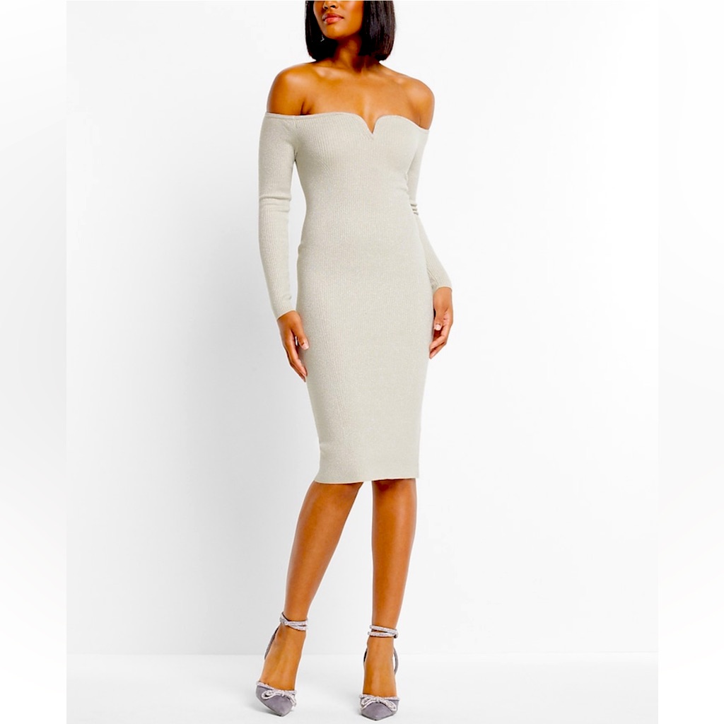 Nwt Express Xl Ribbed Sandshel Off The Shoulder Long Sleeve V-Wire Sweater Dress
